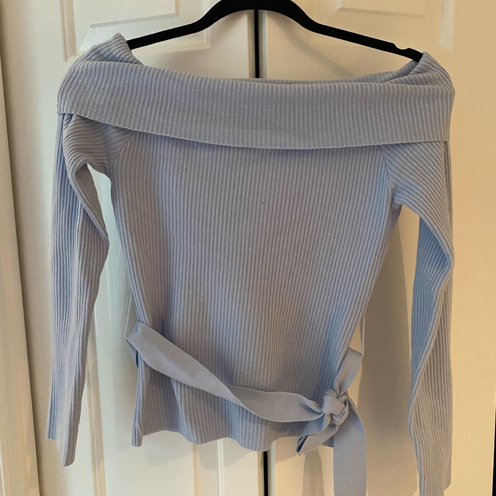 South Moon Under Light Blue Off the Shoulder Sweater with Bow